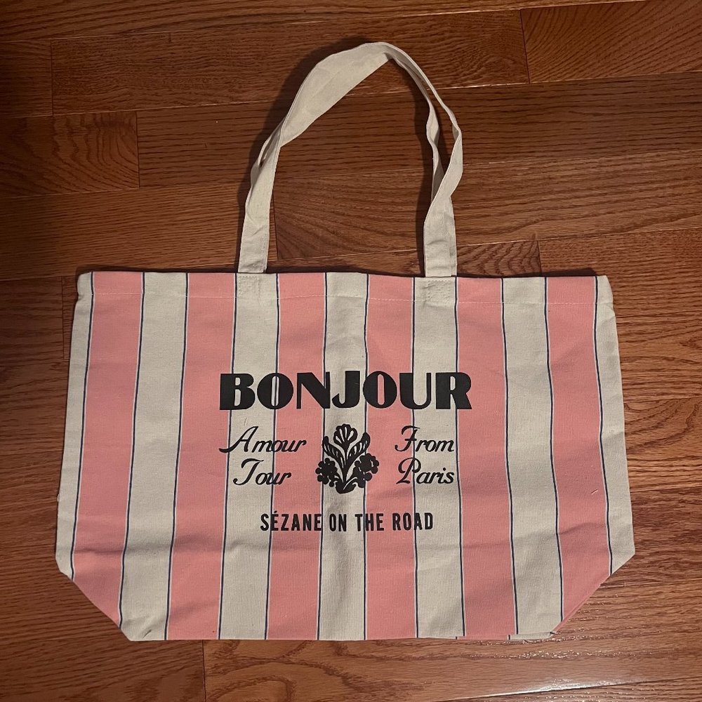 Sezane "Bonjour Amour Tour" tote bag in pink stripe